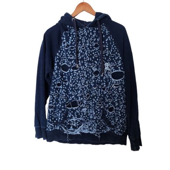 PRPS Goods Indigo Blue Distressed Hooded Sweatshirt 2XL Kangaroo Pocket Slim aci - Picture 2 of 16
